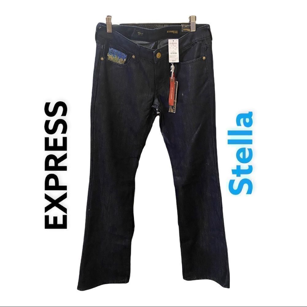 Express Women 4 Blue Stella Boot Leg Jeans Sequin Low Rise Denim Dark shimmery